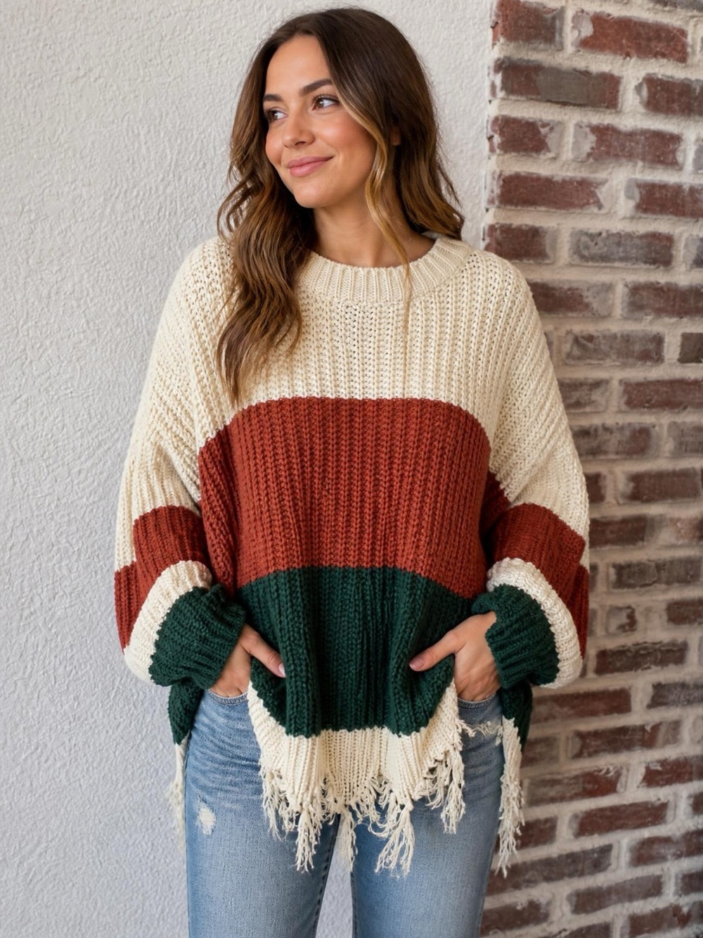 HYFVE Boutique Cream, Brown, and Green Striped Sweater Size Large Women’s